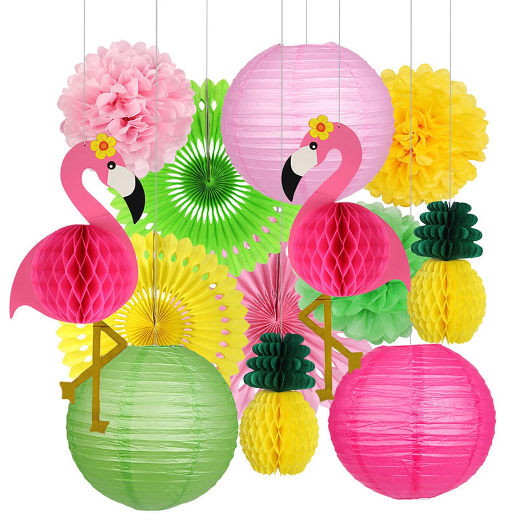 Umimiss 13PCS Flamingo Party Decorations-Paper Pom Poms Decorations,Flamingo Paper Decorations Hanging,Pink Flamingo Pineapple Honeycomb Ball Paper Lanterns Paper Fans Pom Poms Flowers for Luau Party