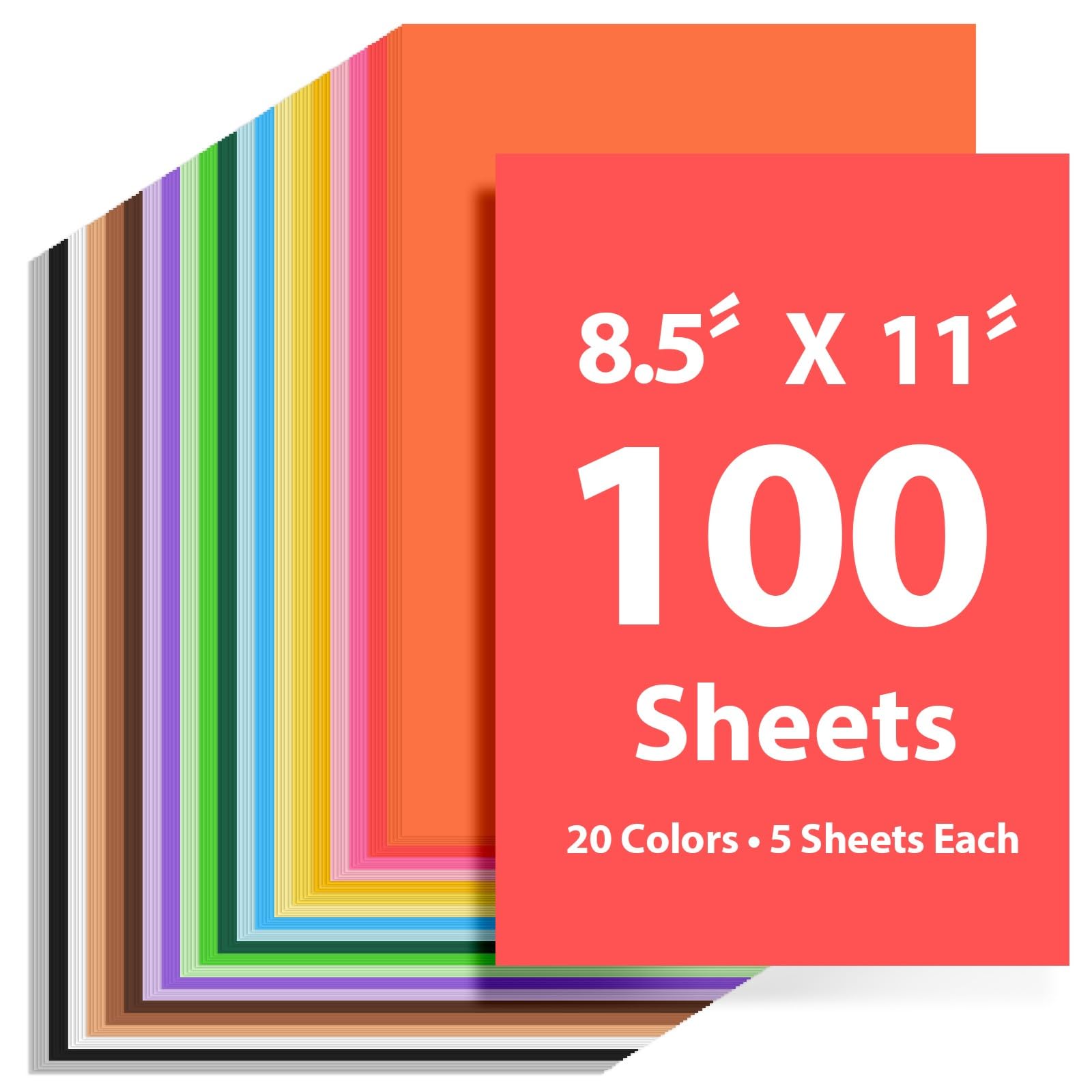 100 Sheets Colored Cardstock 8.5 "x 11", 65LB 180GSM Craft Bulk Construction Paper, 20 Assorted Colors Card Stock Paper for School & Office, Card