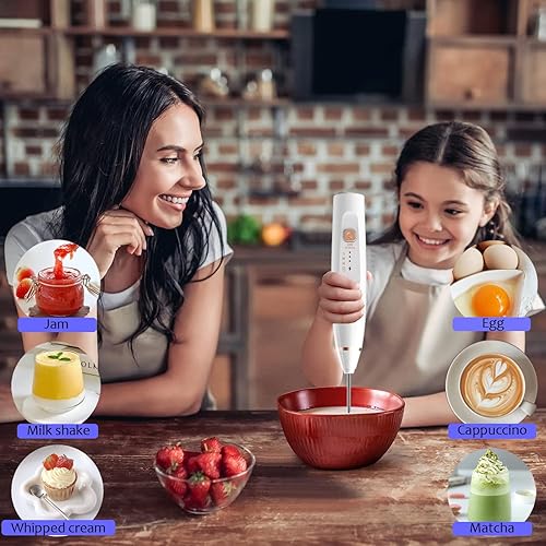 Miniatura 10 de Espumador de leche de mano con 2 cabezales de agitación recargable de 3 velocidades, varita espumadora para capuchino, matcha, huevo de chocolate