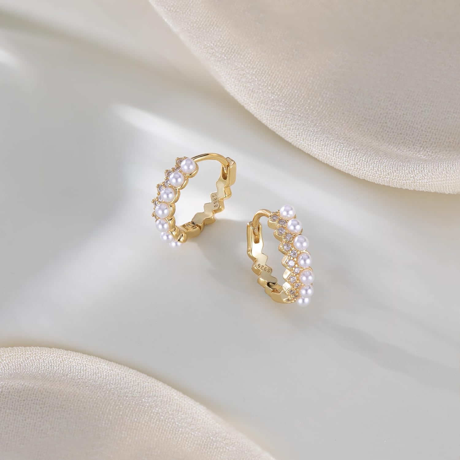 SLUYNZ Sterling Silver CZ Pearls Huggie Hoop Earrings for Women Pearls Hoop Earrings Huggie Wedding - Image 4