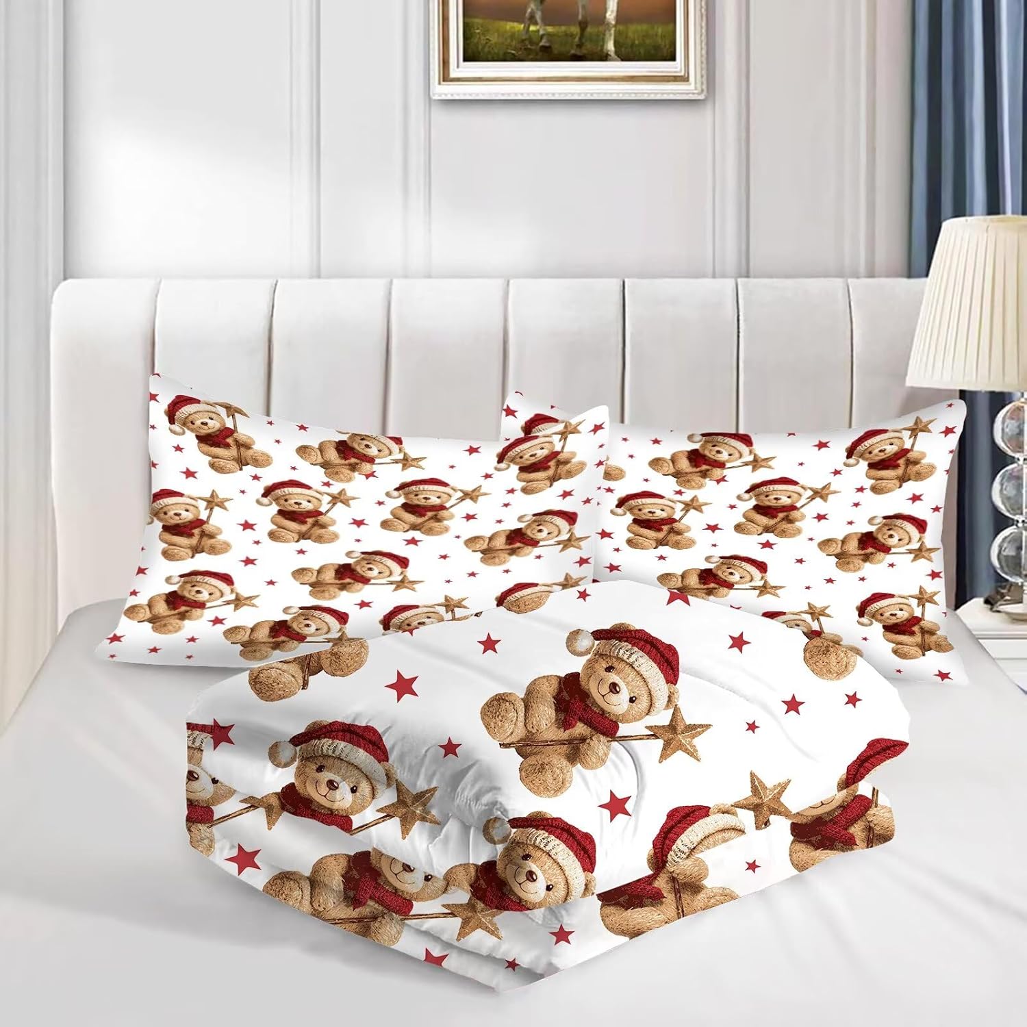 Teddy Bear Bedding Set Full/Queen Size, Christmas Comforter for Girls Kids Teens Women Star Cartoon Xmas Quilt Bed Sets Bedroom Decor, 1 Comforter 2 Pillowcases