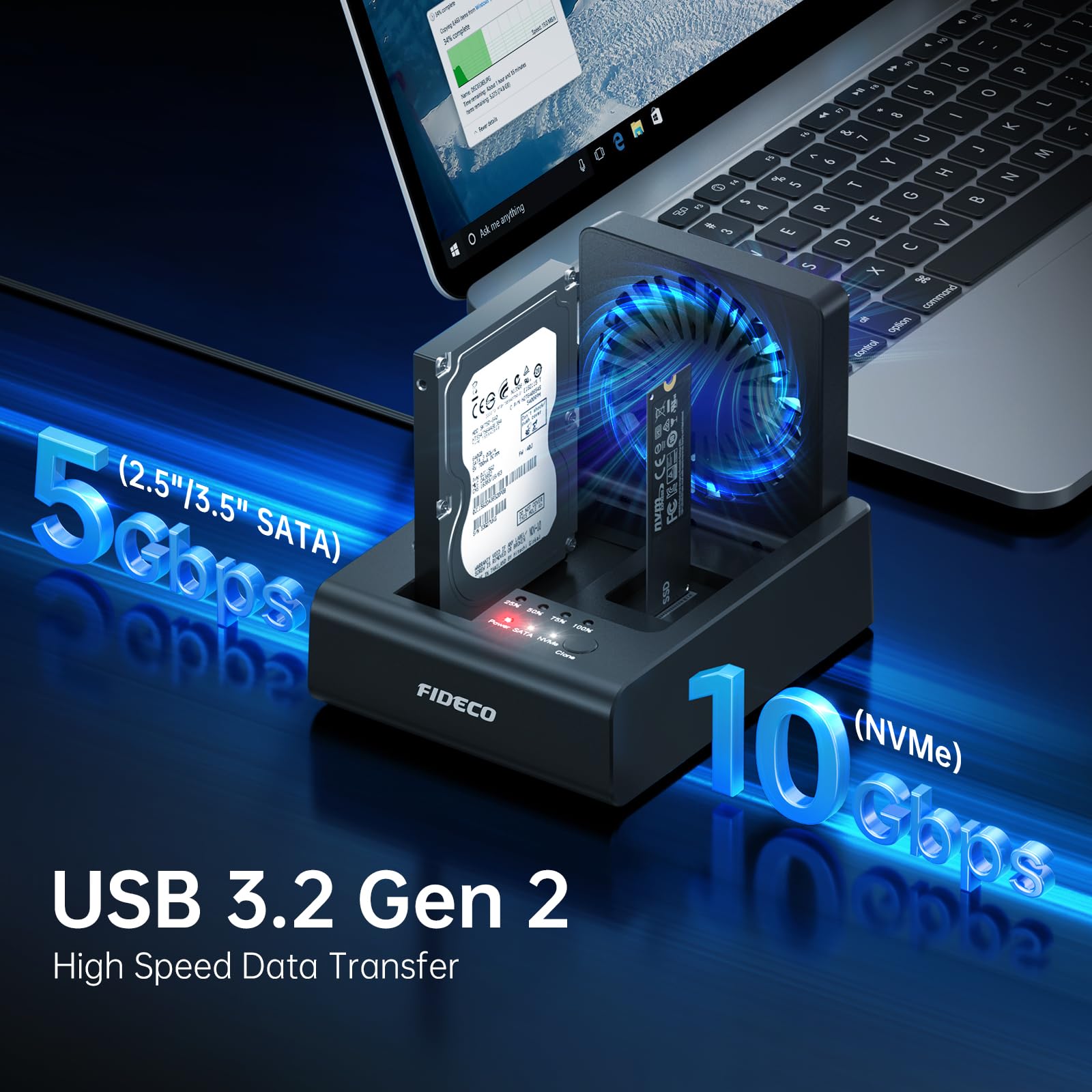 FIDECO Docking station per dischi rigidi HDD, USB C 10 Gbps M.2 NVMe SSD/5 Gbps SATA HDD con clonazione bidirezionale offline, lettore di dischi rigidi SSD con ventola ribaltabile