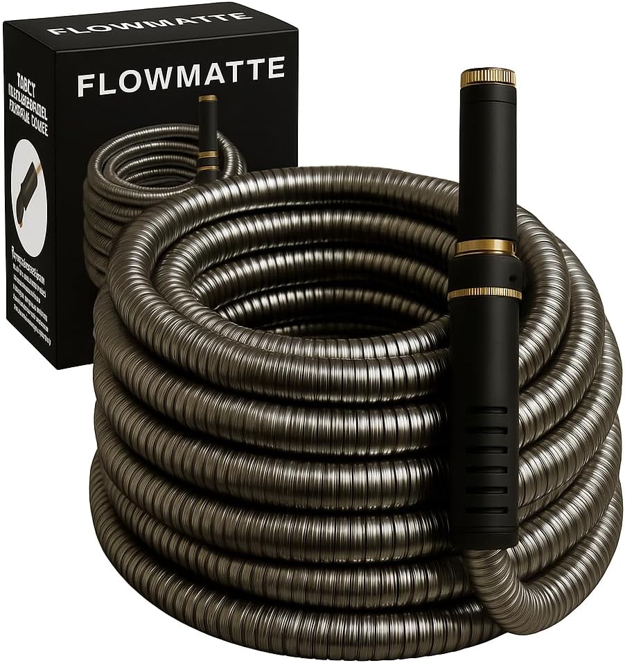 100ft Stainless Steel Garden Hose – Heavy-Duty Metal Hose with Brass Fittings & Nozzle, Kink-Free, Leak-Proof, Weather-Resistant, Black Sleeve Design
