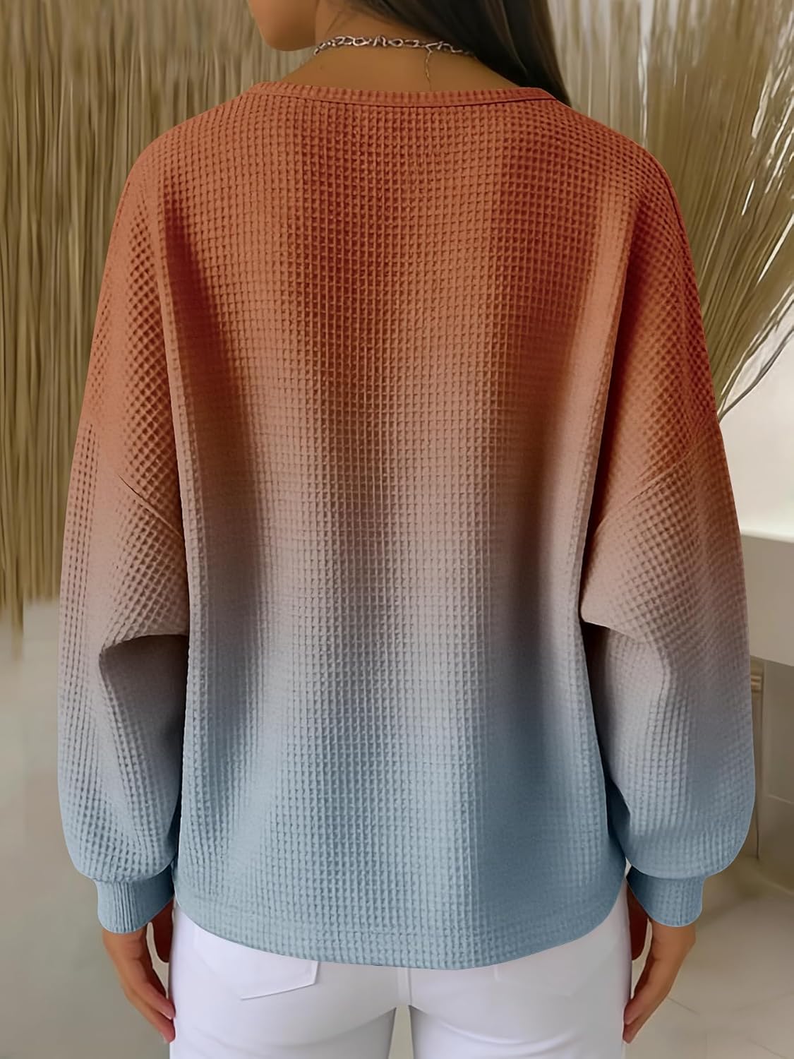 Women's Ombre Waffle Knit Sweater V-Neck Long Sleeve Pullover Gradient Color Fade Loose Fit Casual Top - Image 5