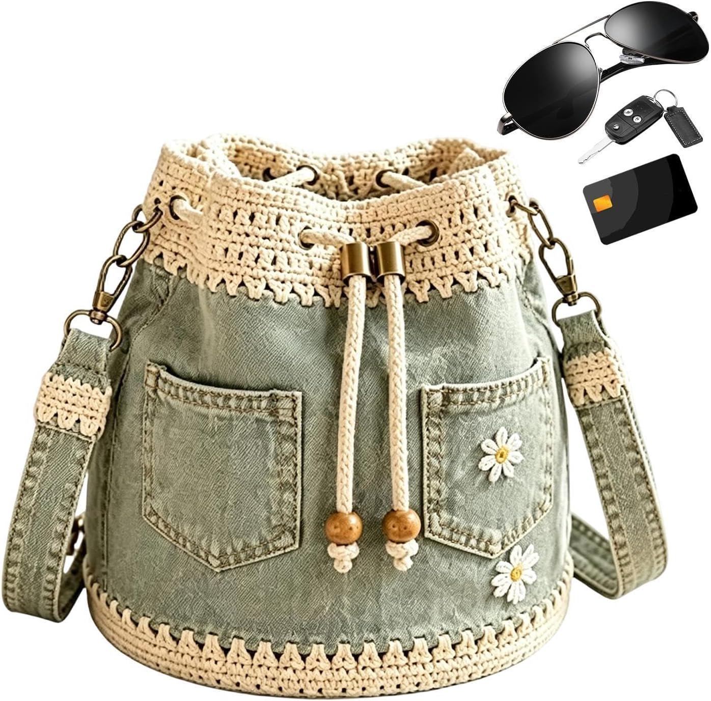 Denim Bag, Embroidered Daisy Bucket, Crochet Trim Drawstring Tote, Strong