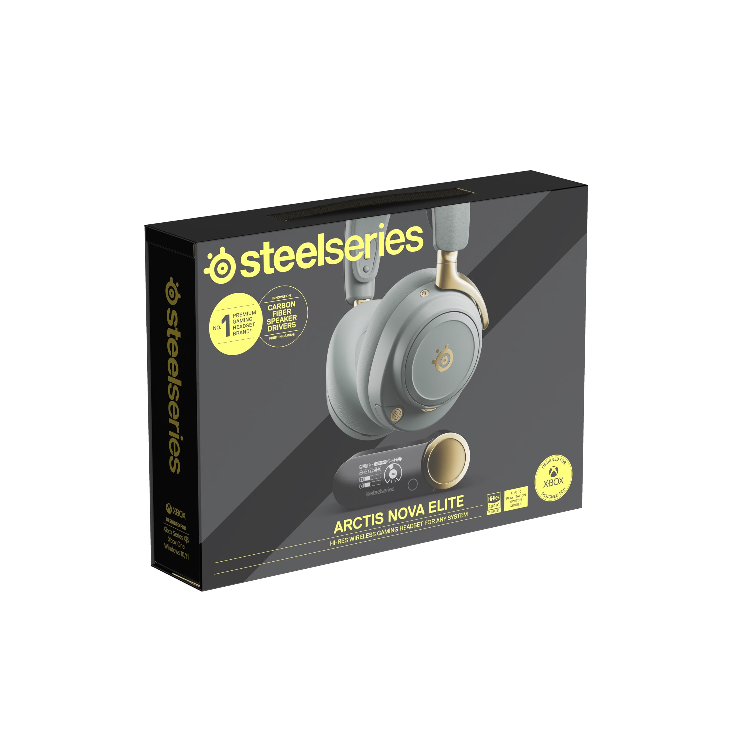 SteelSeries Arctis Nova Elite - Cuffie da gaming wireless - 96kHz/24bit - Speaker in fibra di carbonio - ANC - Eliminaz. rumore con IA - App - 2,4GHz+BT - Multisource; OmniPlay PC+PS+Xbox - Sage&Gold