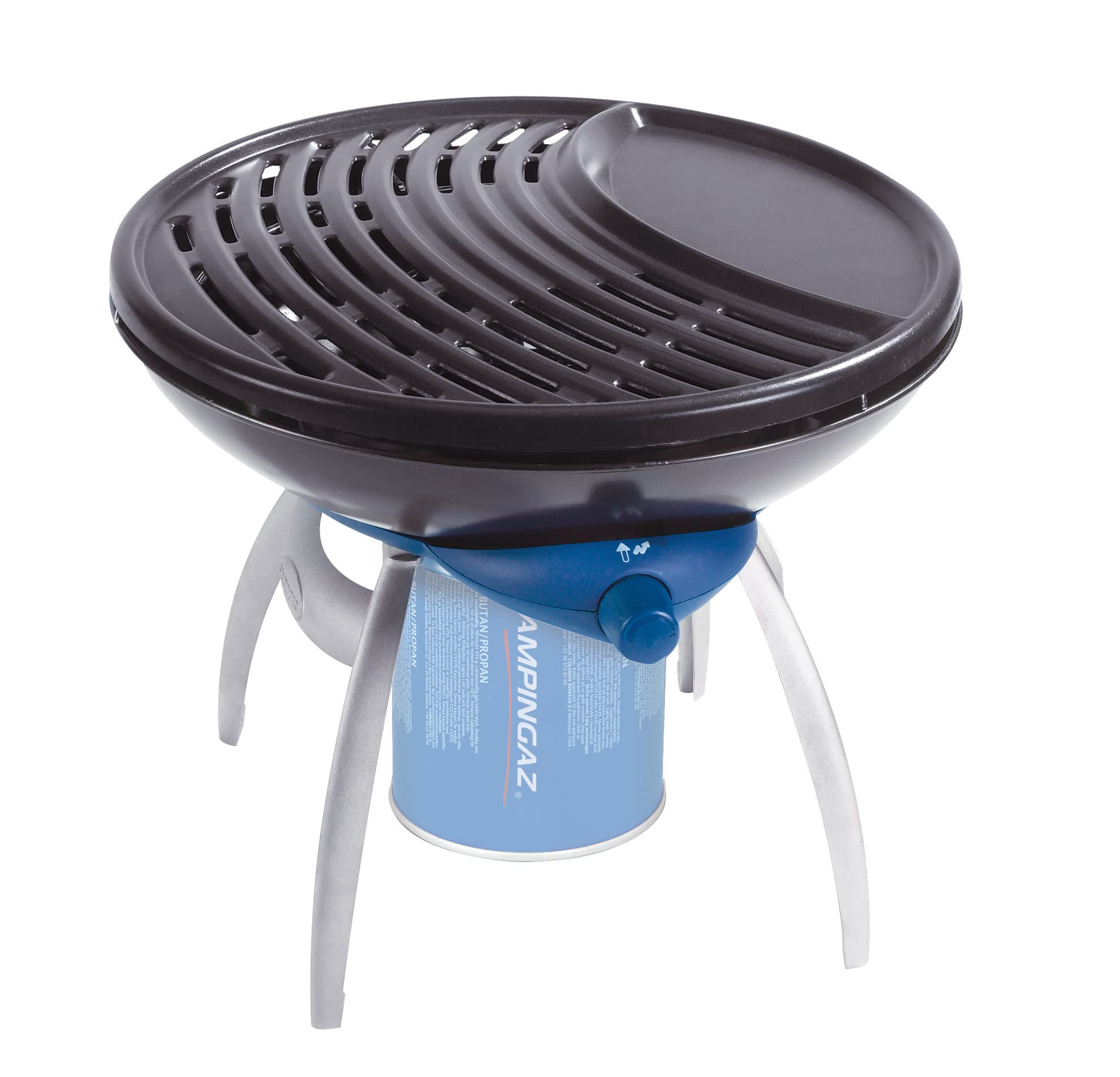 Campingaz Party Grill, Kleiner Grill für Camping, Festivals oder Picknick, Camping-Grill mit flexiblen Kochmöglichkeiten, Gaskocher Antihaftbeschichteter Grillplatte und Topfträger, Blau, 2000037330