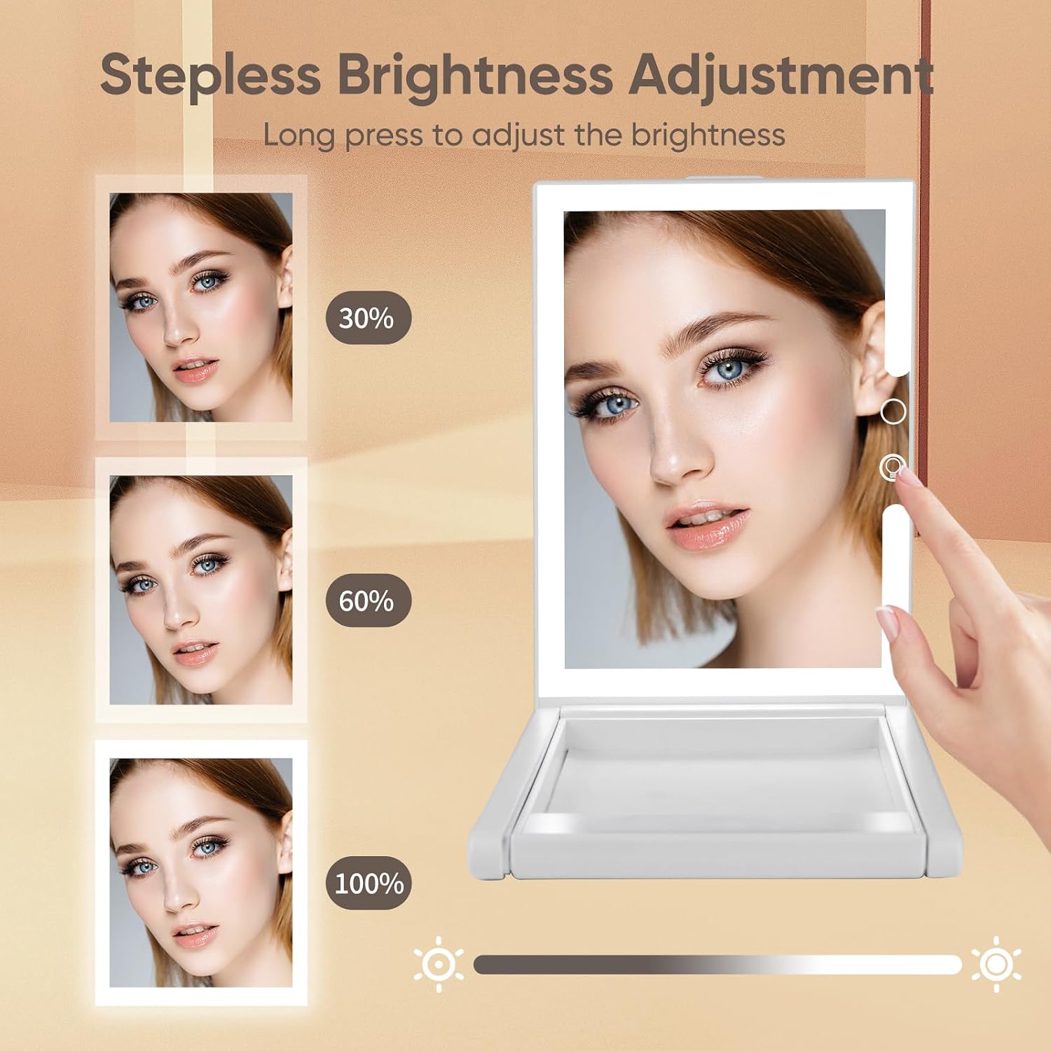 GURUN Adjustable Height Portable Folding Travel Makeup Mirror with 3 Colors Light 10X Magnification 2000mha Rechargeable Tabletop Vanity Mirror Brightness Adjustable M3003-2000