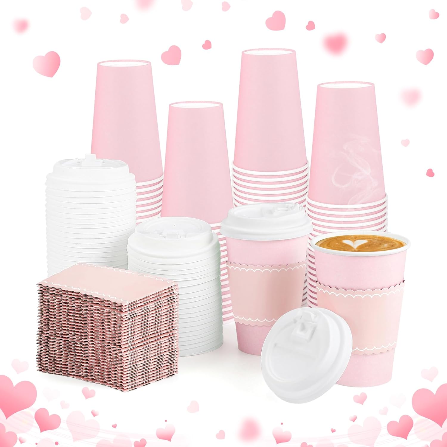 60 Pack Pink Paper Cups with Lids Sleeves, 12oz Insulated To Go Paper Cups Pink Party Cups Disposable Paper Cups, Drinking Cups for Wedding Birthday Baby Shower Party Supplies