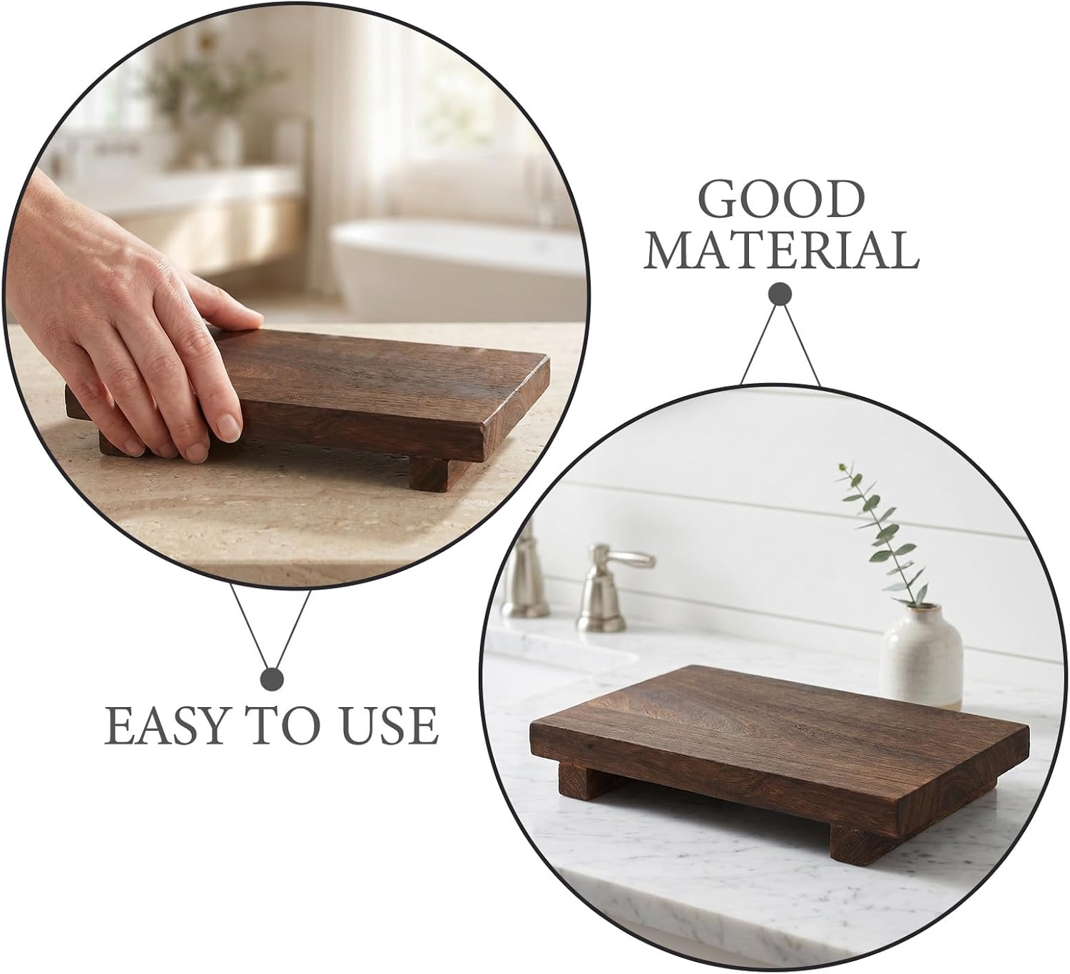 2pcs Wooden Display Riser Tray - 9x6 Inch Rustic Wooden Pedestal Stand for Bathroom Vanity Sink - Footed Wood Soap Holder for Kitchen Counter Organizer