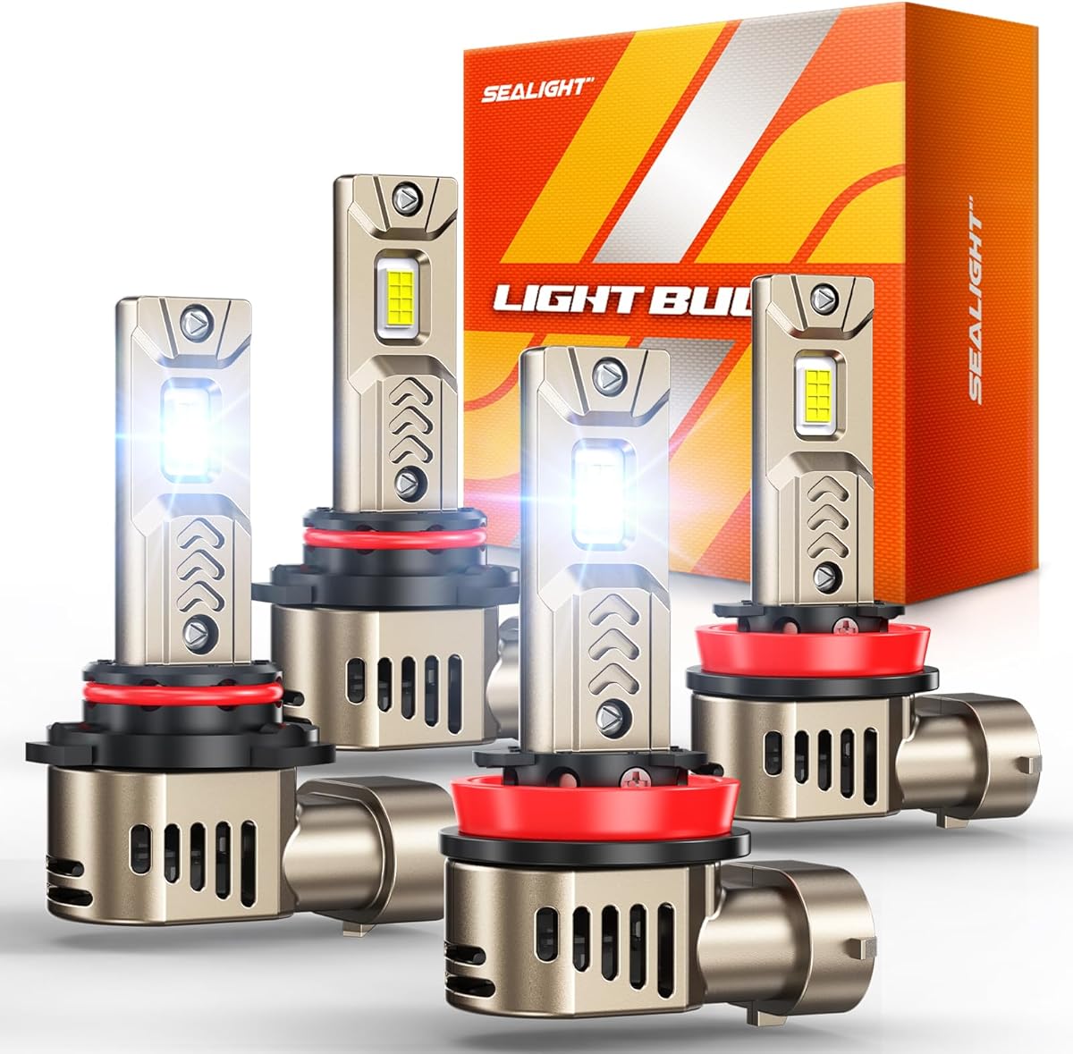 SEALIGHT 9005 H11 Combo for Driving Light Bulbs, 90,000LM Super Bright Bulb 1:1 Size No Adapter Required, 6500K White Non-Polarity Plug and Play HB3 H11 LED bulbs, Pack of 4