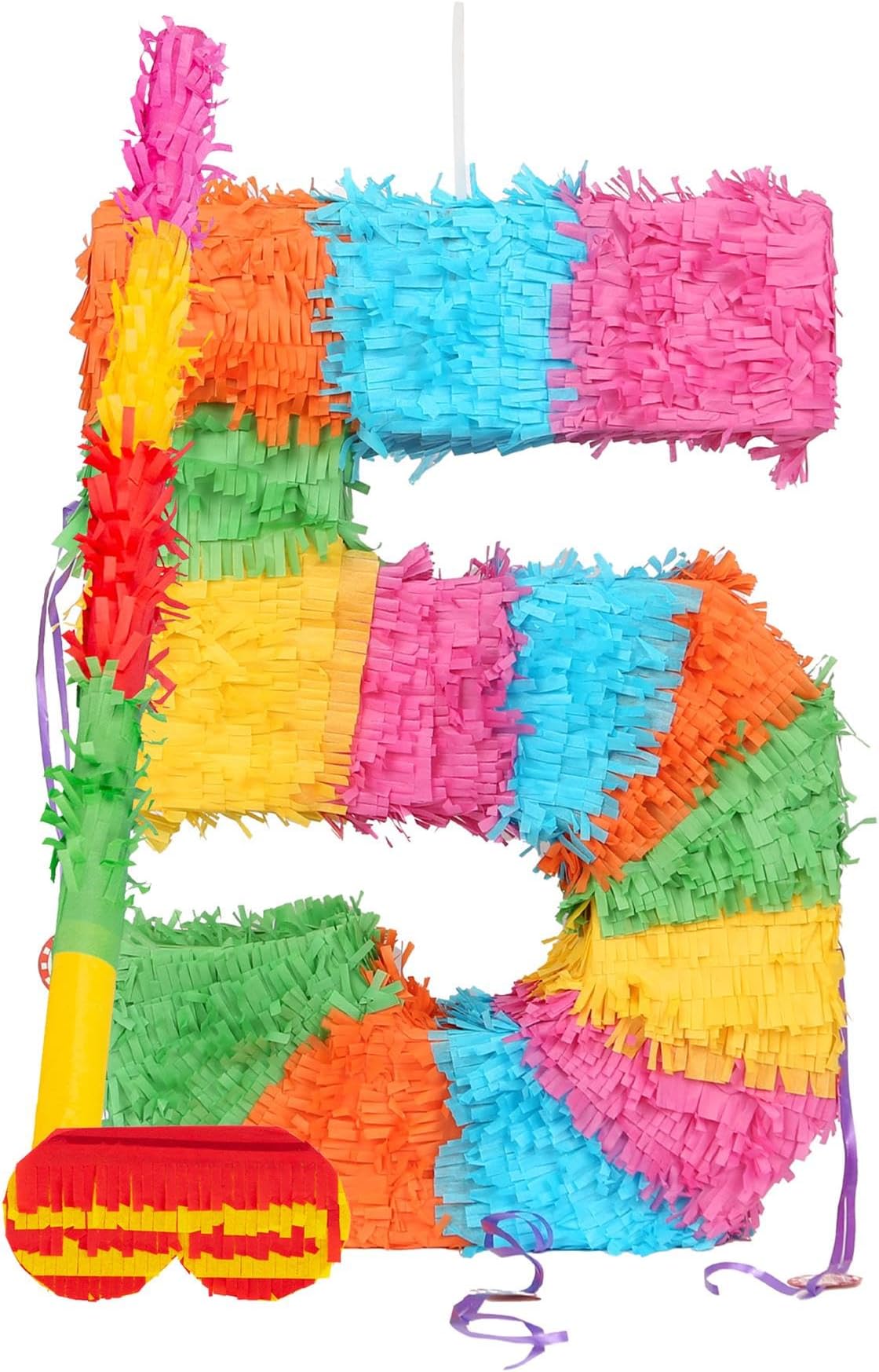 Fax Potato Number 5 Piñata, Blindfold & Stick Set - Multicoloured Fillable Birthday Party Decoration, Sweet Holder Game, Kids & Adults Celebration Supplies, Wedding, Anniversary, Carnival