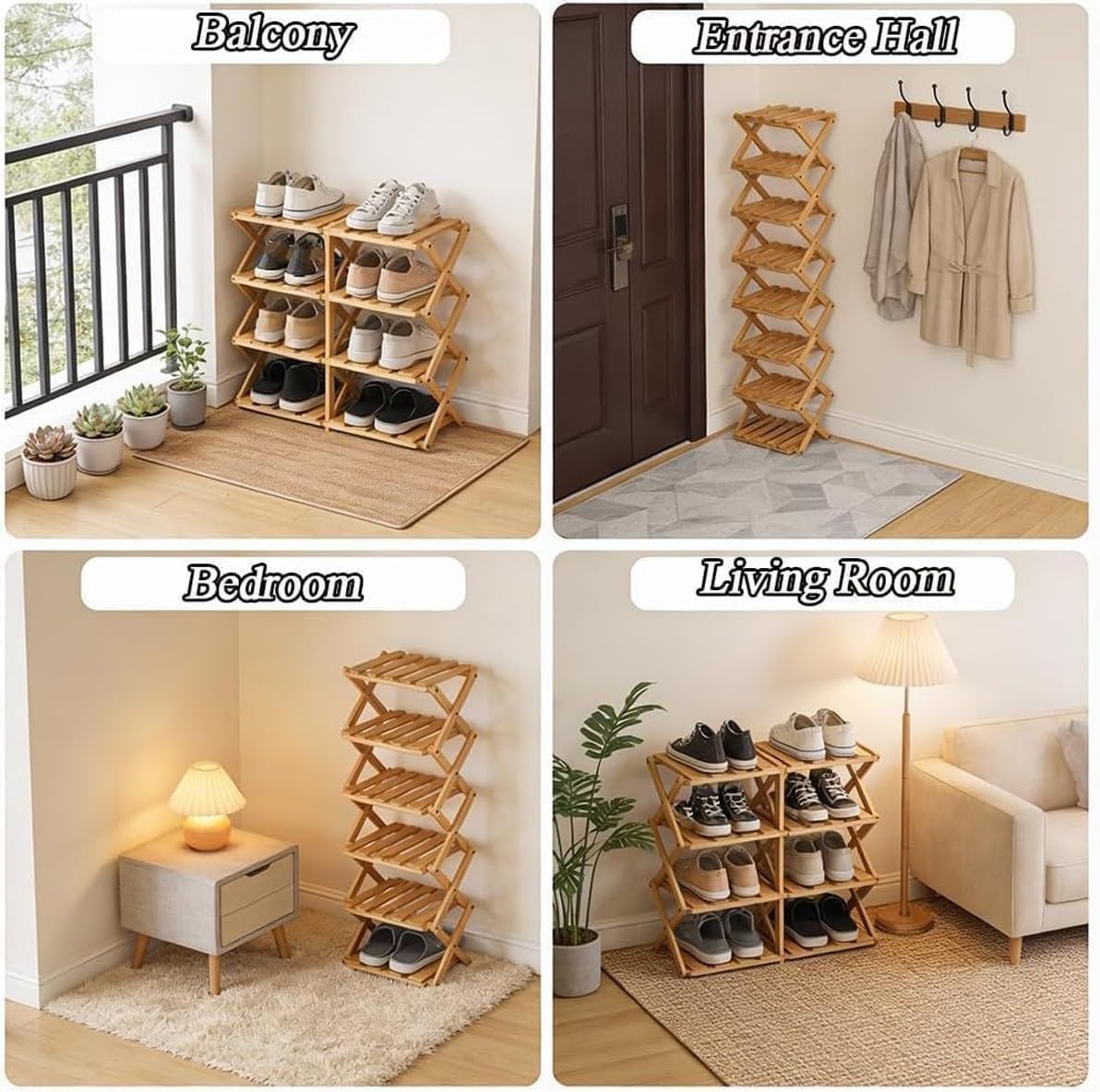 3 4 5 6 7 8 9 Tier Bamboo Shoe Rack Foldable Collapsible No-Assembly Rotating Multi-Tier Vertical Space-Saving Organizer for Entryway Closet Corner Small Spaces Narrow Tall(Black,6 Tier)