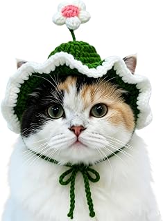 Flower Knit Hat for Cats, Soft Cotton Pet Hat for Small Puppies, Cute Birthday Party Accessory (Green, M)