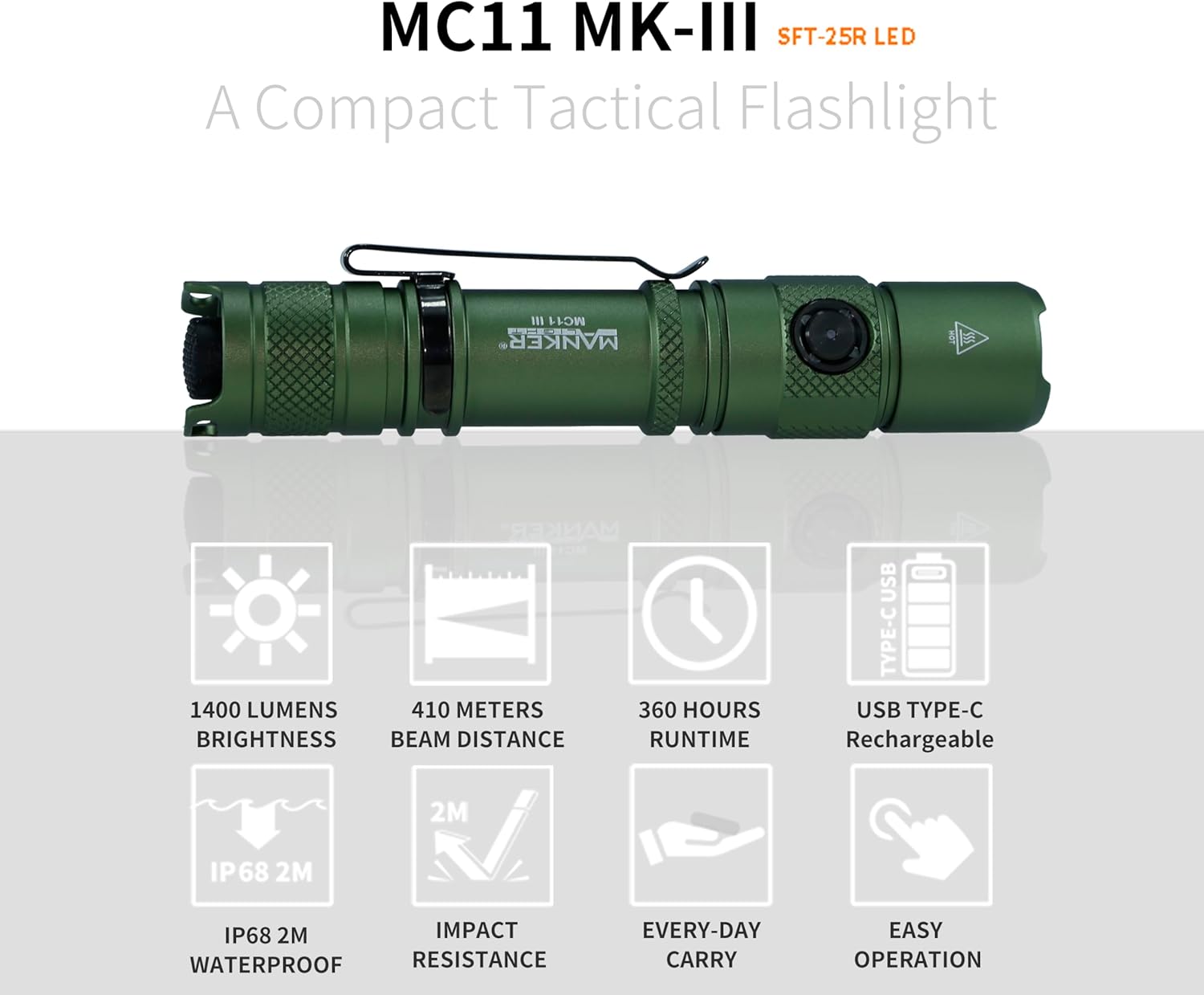 MANKER MC11 III Tactical Flashlight, 1400 Lumens Super Bright, USB-C Rechargeable, 410m Beam, IP68 Waterproof, 360Hrs Runtime for Outdoor Survival Hunting (Army Green)