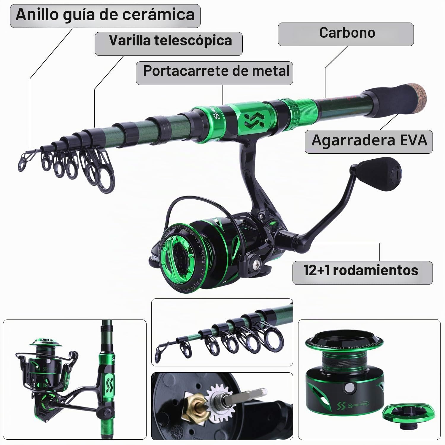 Sougayilang Juego de caña de Pescar y Carrete, caña de Pescar telescópica de Fibra de Carbono 12+1BB con Funda de Transporte para Kit de Pesca de Agua Dulce y Salada