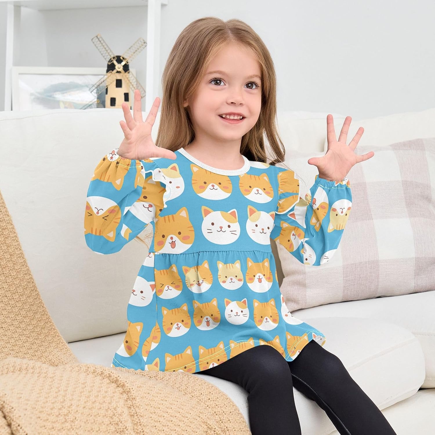 visesunny Toddler Clothes for Girls Lovely Orange Cat Head Long Sleeve Fall Shirts Cotton Top with Ruffle Collar