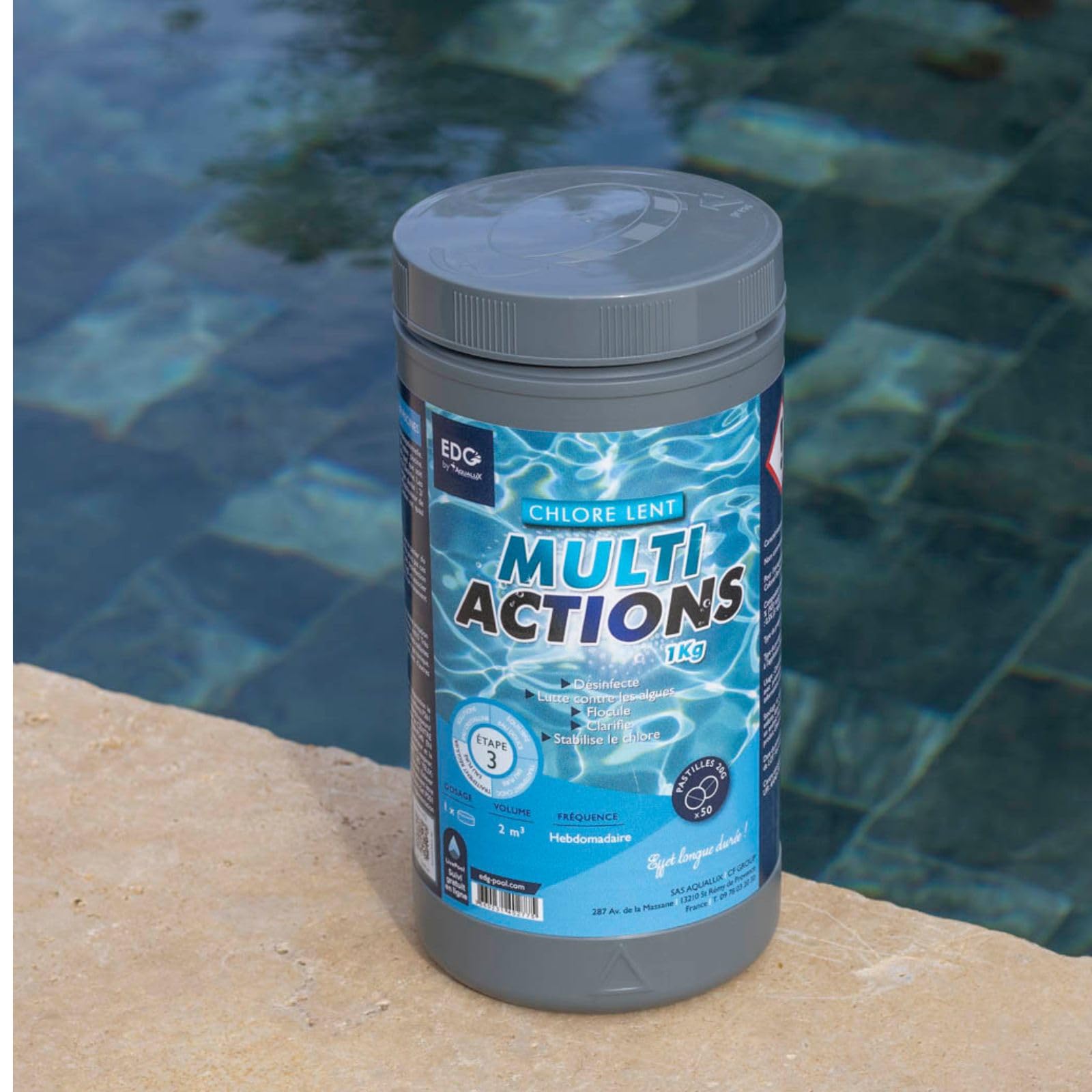 Chlore Multi Actions Piscine - Pastilles 20g - Traitement Longue Durée Désinfectant Multi Fonctions - Boite 1 kg