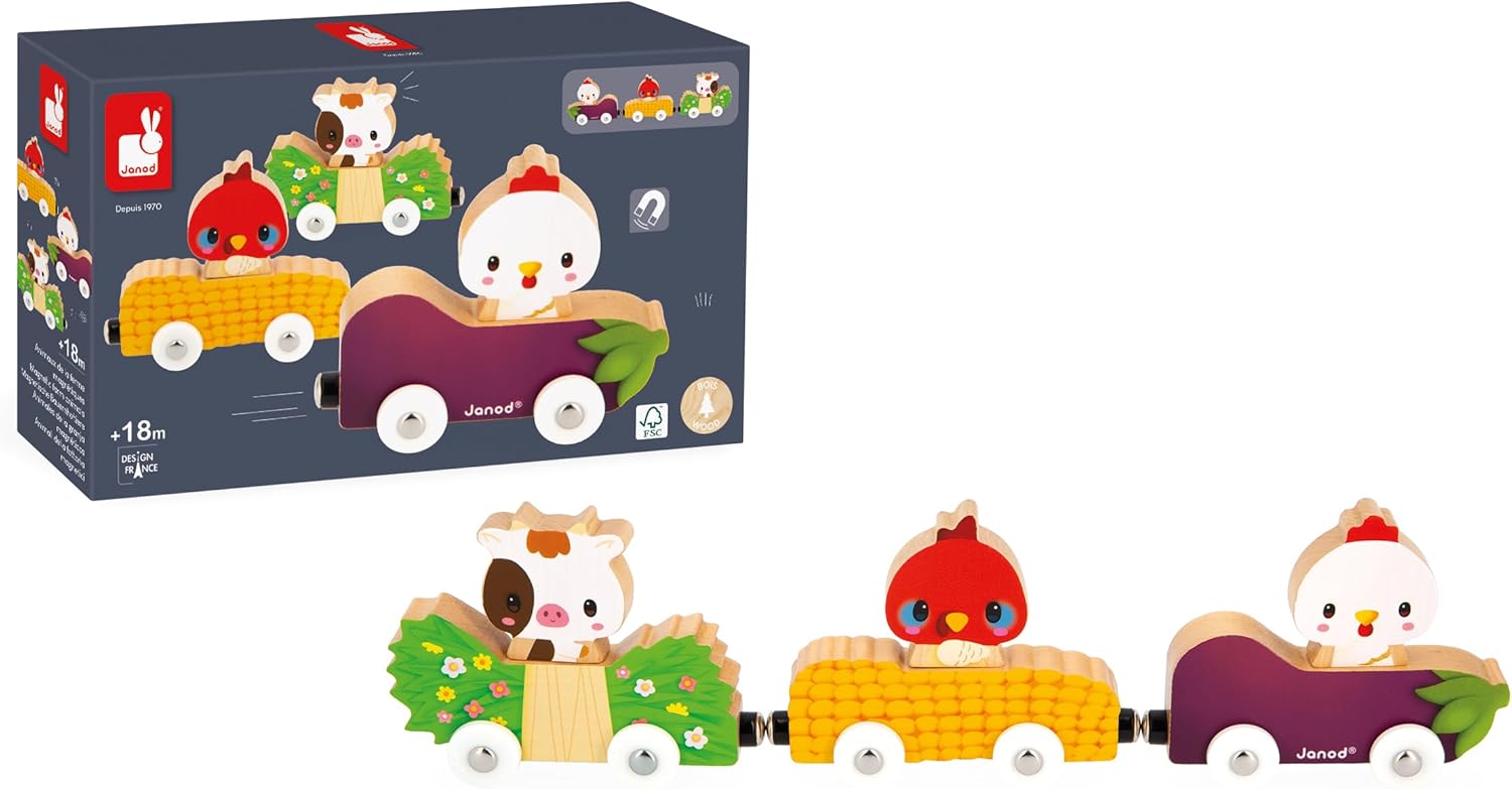 Janod - Farm Wooden Animal Car Train Push and Go Playset - Imaginative Play - Magnetic Interchangeable Cars - Enhances Imagination and Motor Skills - Safe Quality Materials
