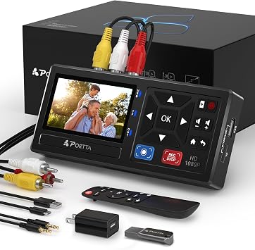 Portta VHS to Digital Converter with 128GB USB3.0 Flash Drive, Video to Digital Recorder, Compatible with VHS, VCR, DVR, DVD, Hi8, Mini DV, Gaming Consoles VCR, VHS/DVD Player, Camcorder Required