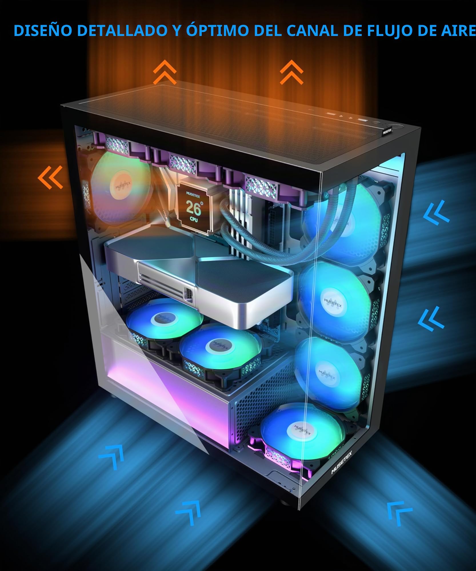MUSETEX Caja PC ATX Mid Tower con 7 Ventiladores PWM ARGB Pre-Instalados, Doble Cristal Templado Full View, Gaming PC Case, Negro
