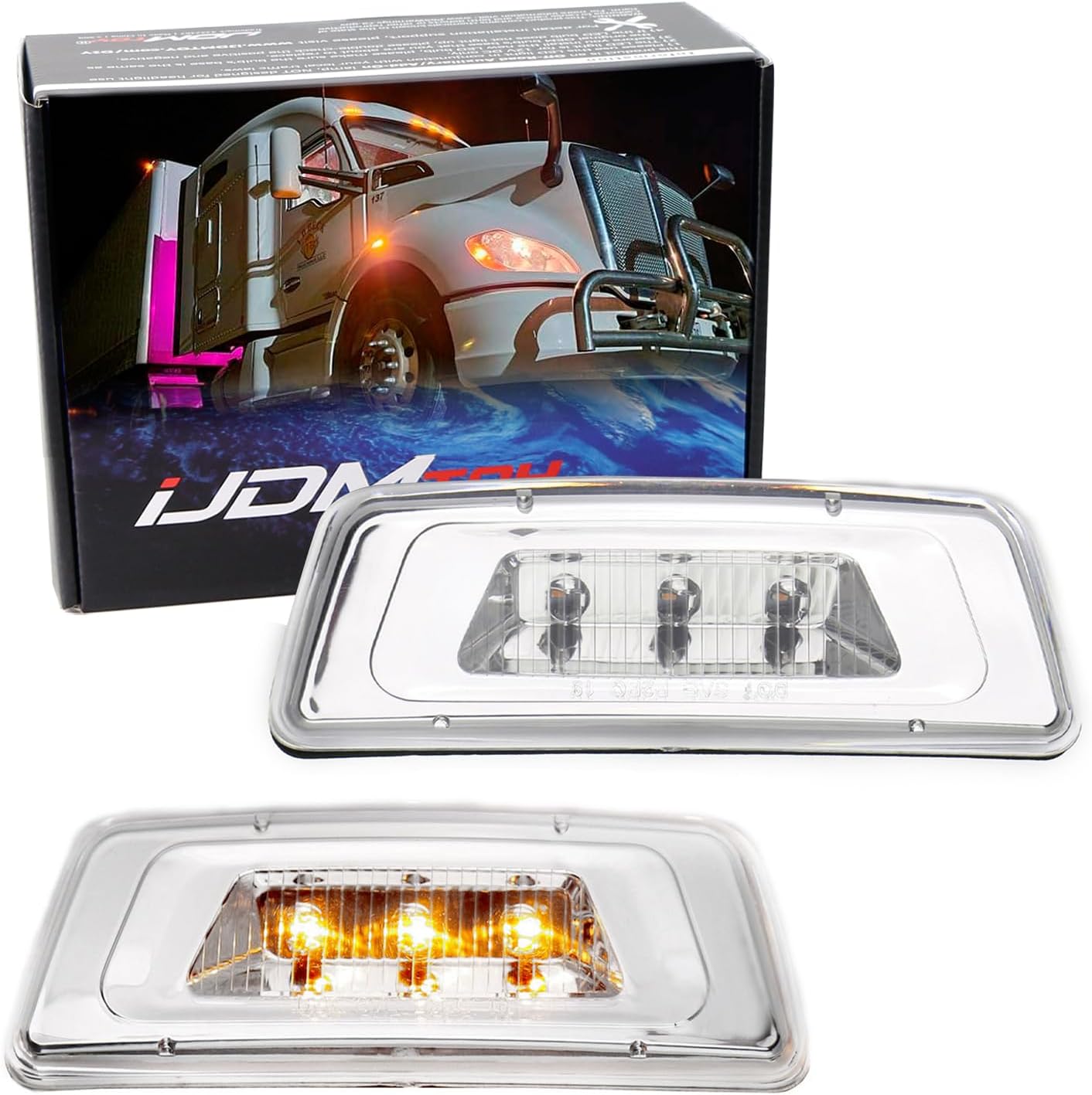 iJDMTOY Clear Lens Chrome Inside Finish Super Bright Amber Full LED Front Wheel Fender Side Marker Lights Compatible With Kenworth T680 T700 T880, Peterbilt 567 Semi-Truck