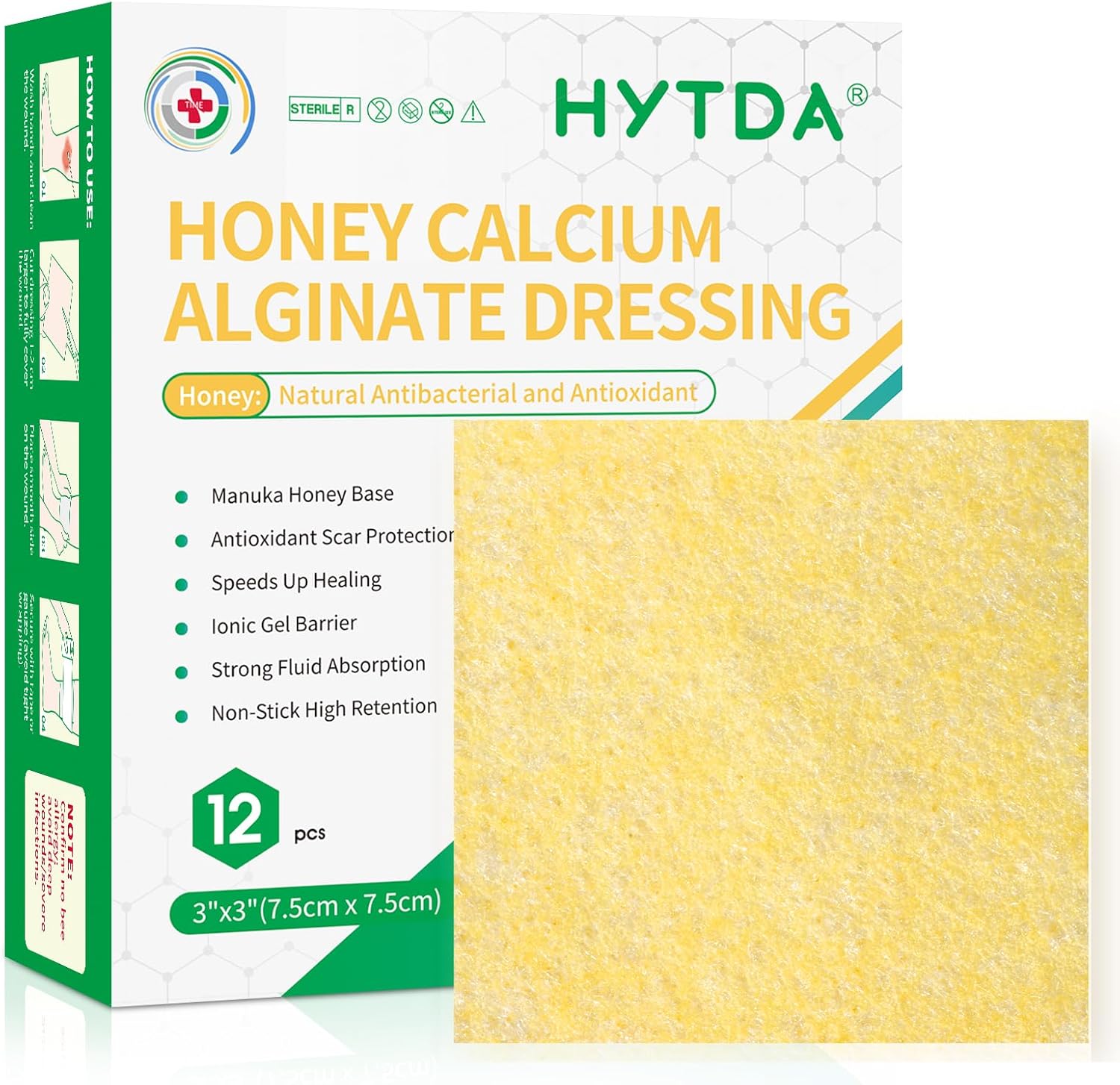Manuka Honey Calcium Alginate Wound Dressing, 3×3 Inches, 12 Individual Pack- Wound Care for Moist Healing, Highly Absorbent Dressing with Calcium Alginate for Pressure Sores, Ulcers, FSA or HSA