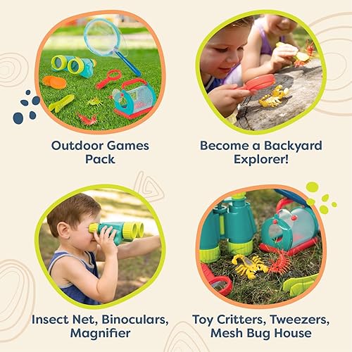 Miniatura 5 de B. toys Kit explorador para niños - Juguetes al aire libre con red de insectos, binoculares y lupa para aventuras de captura de insectos - Incluye