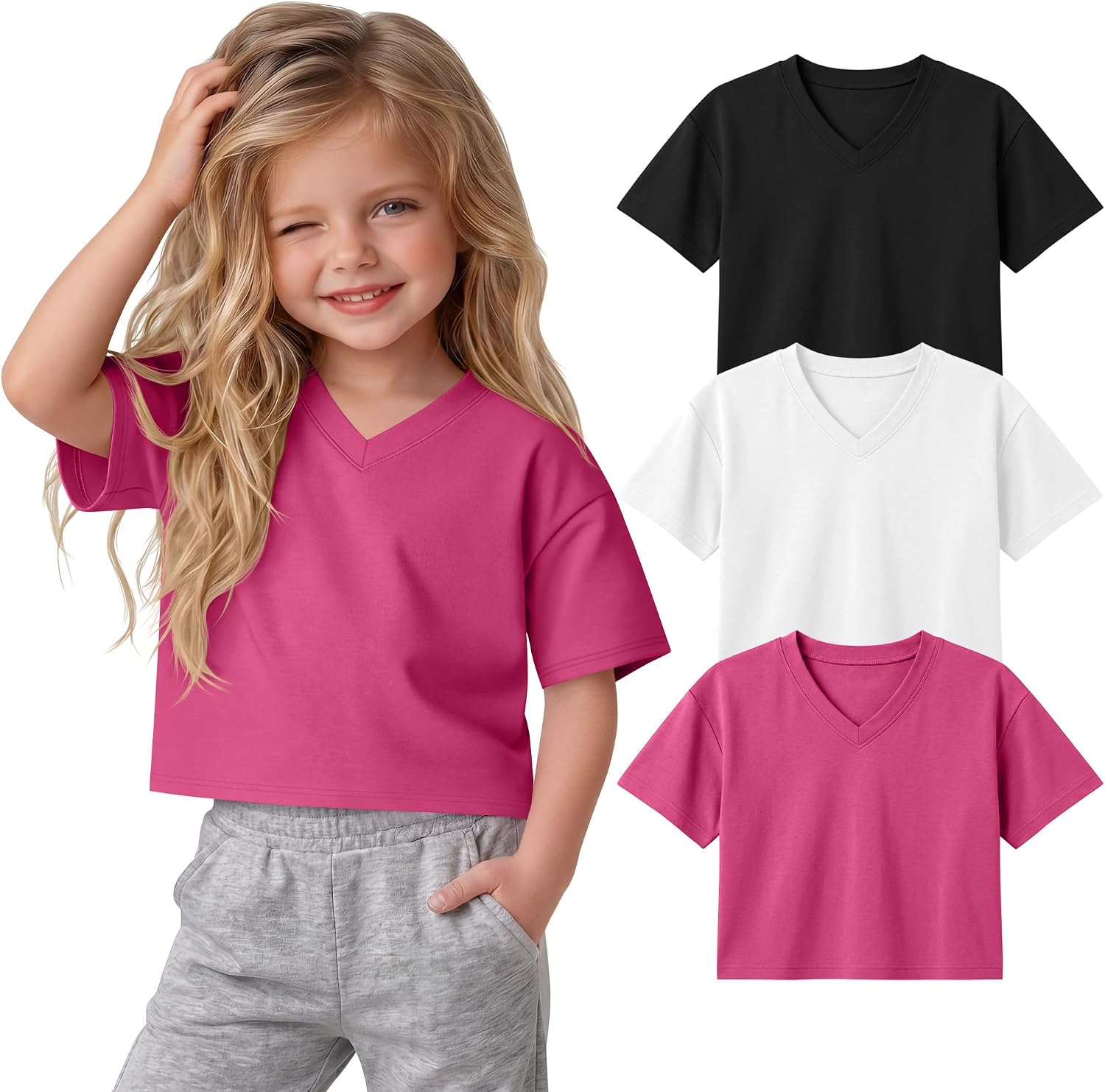 3 Pack Toddler Girls Short Sleeve Crop Tops Casual Kids V Neck T Shirts Summer Solid Color Basic Tees for 18M-5T