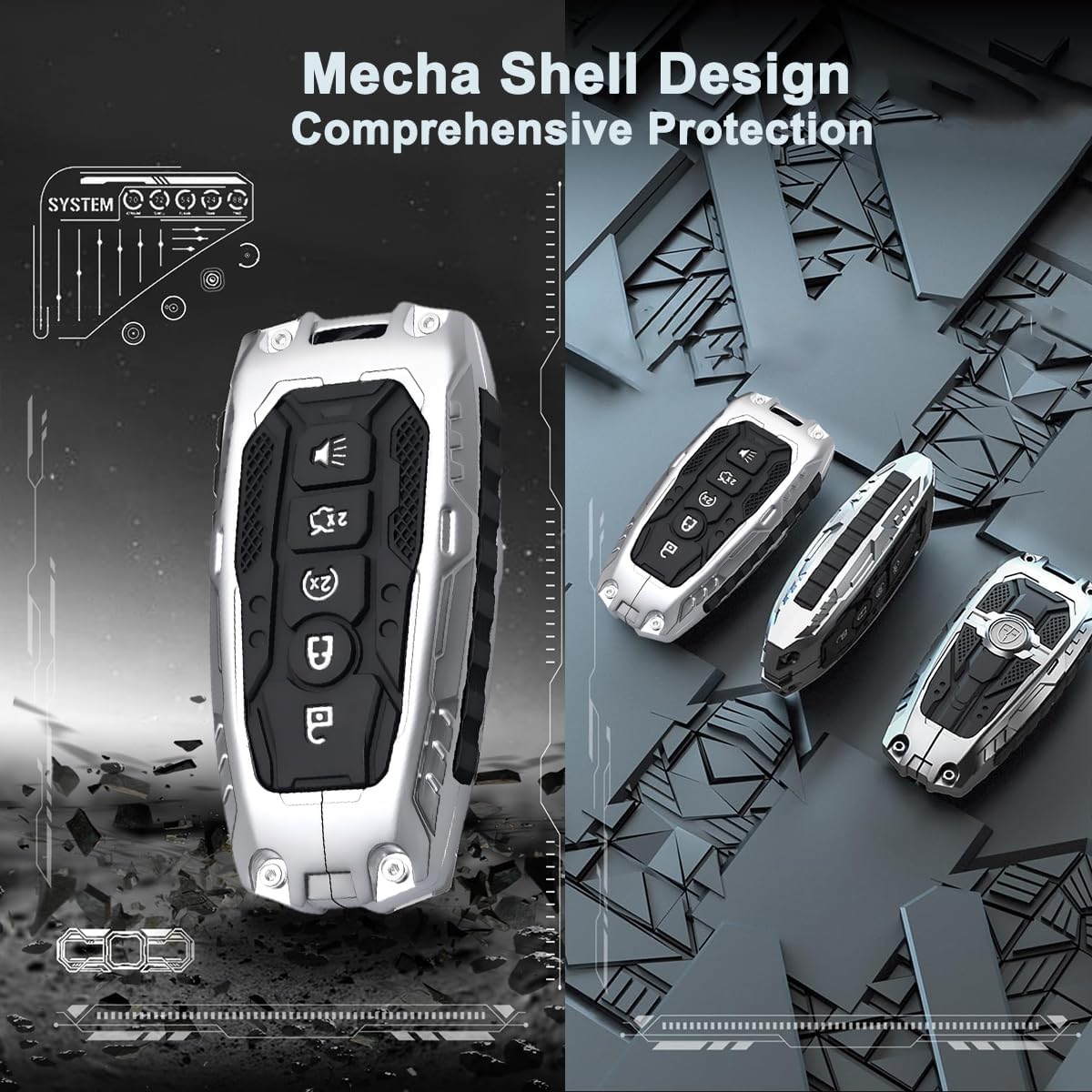 Heavy Duty Key Fob Cover for Ford F150, F250, Explorer, Escape, Edge | Shockproof, Anti-Scratch, 3/4/5 Buttons Protector Case with Keychain(Silver, Modle A)