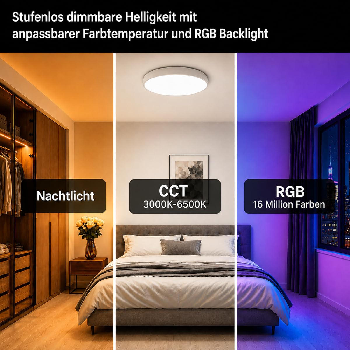 Smarte Deckenlampe 46W 4600lm Ø37cm, RGBIC & CCT 3000K-6500K, Dimmbar