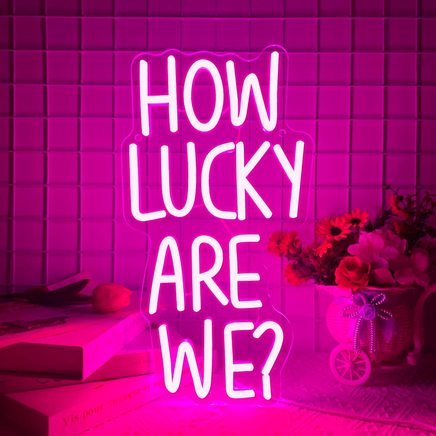 How Lucky Are We Neon Sign, Dimmable LED Pink Anniversary Quote Neon Sign, Motivational Wall Decor, Inspirational Quote Sign Neon Light Sign for Wedding Bedroom Living Room Girls Romantic Gift(8.2*15.3in)