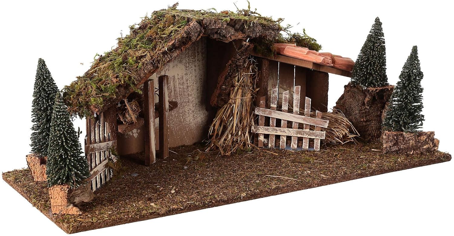 Holyart Wooden Stable with hay and Pine Trees 20x60x25 cm