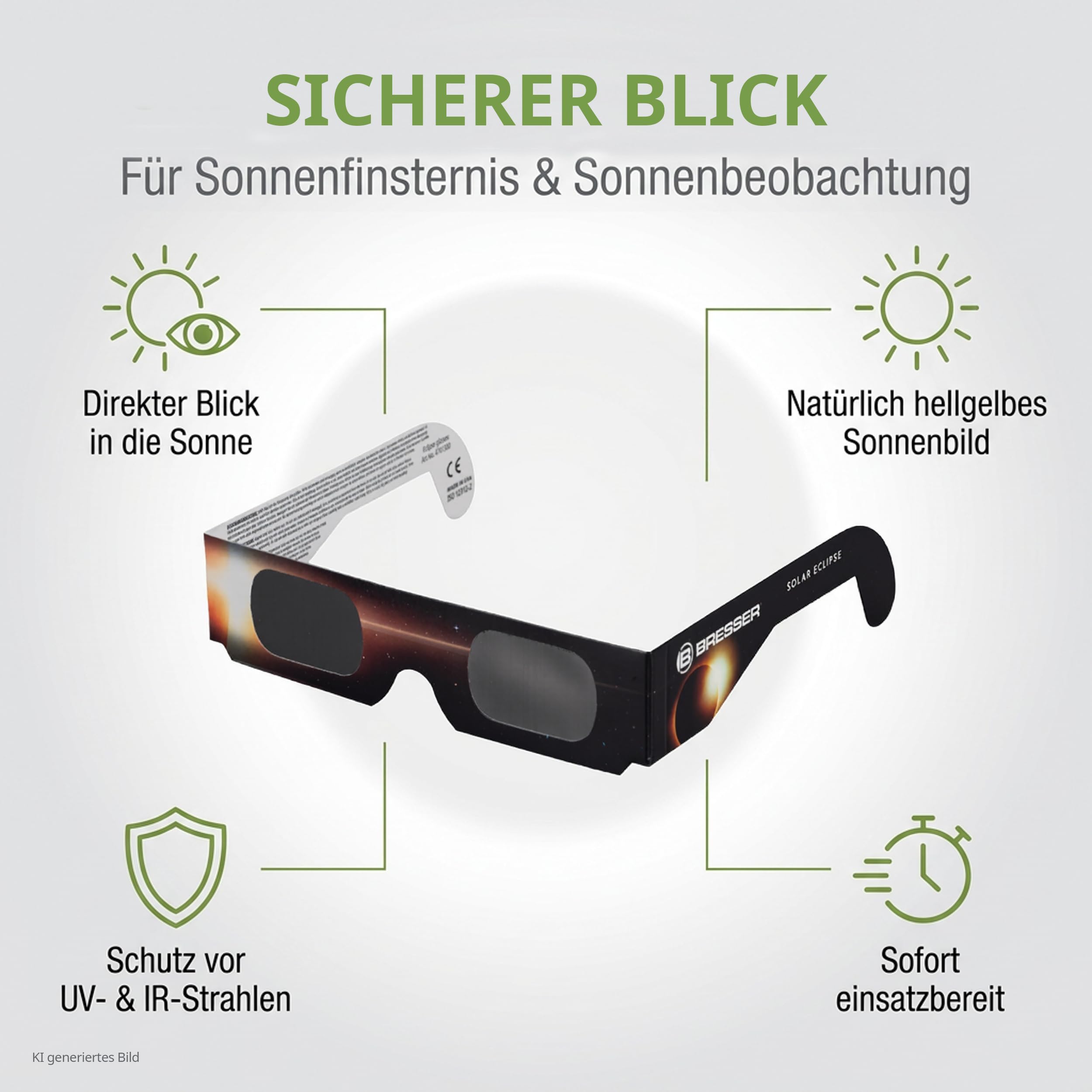 Bresser Sonnenfinsternis Brille CE-zertifiziert ISO 12312-2 50 Stück | Absolut sicher, bereit für die Sonnenfinsternis 2026, 2027, 2028, hellgelbes Sonnenbild, UV und IR Schutz, Made in USA