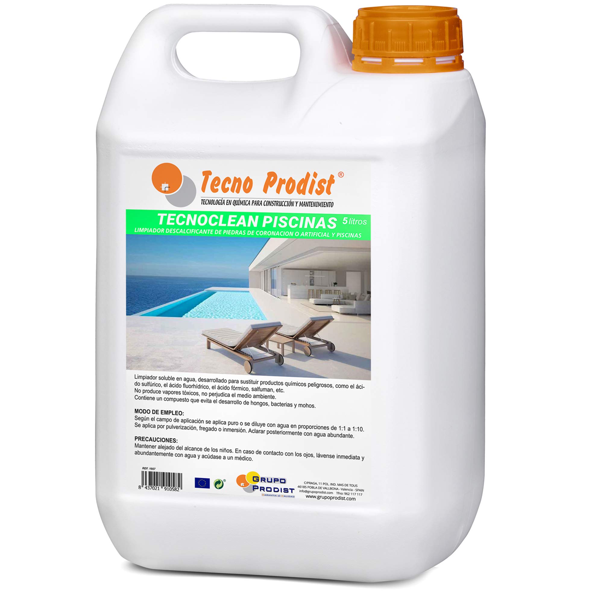 Tecno Prodist TECNOCLEAN Piscinas (5 litros) Limpiador de Piedras de coronación, Piscinas, Piedra Artificial, baldosas y gresite. Gran Poder de Limpieza sobre Todo Tipo de Materiales de construcción