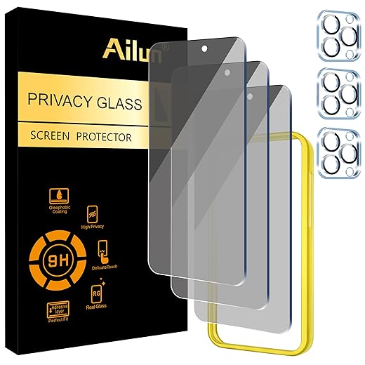 Ailun 3Pack Privacy Screen Protector for iPhone 15 Pro [6.1 inch]+3Pack Camera Lens Protector,Sensor Protection,Dynamic Island Compatible,Anti Spy Private Tempered Glass[9H Hardness]-HD[Black][6 Pack]