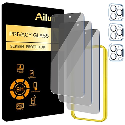 Ailun 3Pack Privacy Screen Protector for iPhone 15 Pro [6.1 inch]+3Pack Camera Lens Protector with Installation Frame,Dynamic Island Compatible,Anti Spy Private Tempered Glass[9H Hardness]-HD