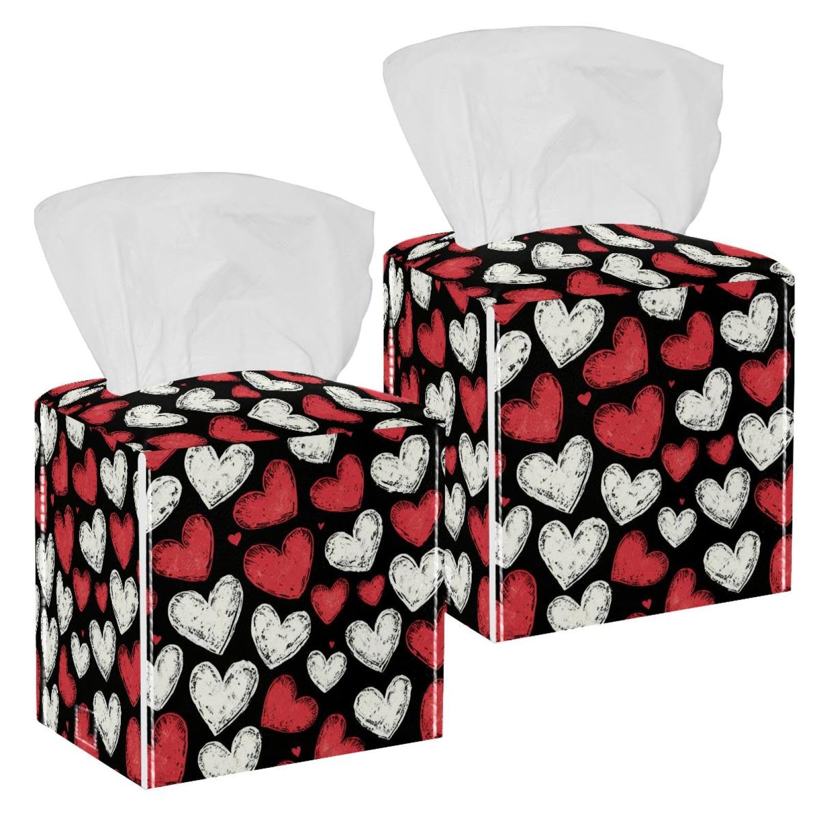 Heart of Love Tissue Box Cover, 2 Pack PU Leather Square Facial Tissue Dispenser Box holder for Home Office Car