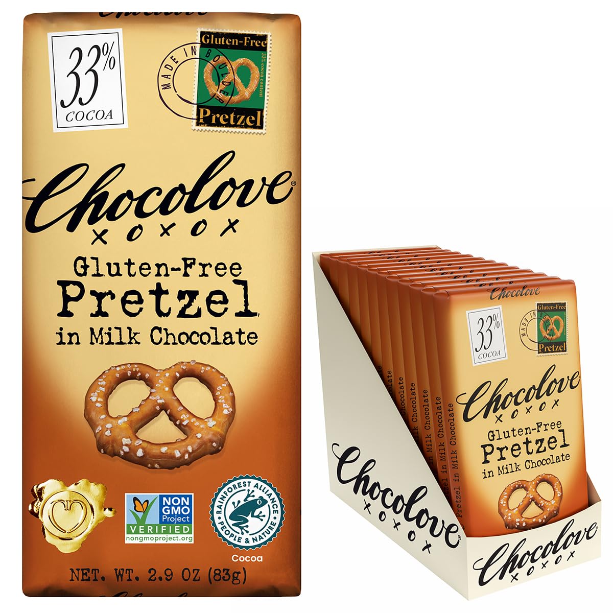 Chocolove Pretzel Milk Chocolate Bars | 33% Cocoa| Infused with Gluten-Free Pretzel Bits | Crafted with Silky Premium Chocolate | Non GMO, Rainforest Alliance Certified, 3.2oz Bar (12 Pack)
