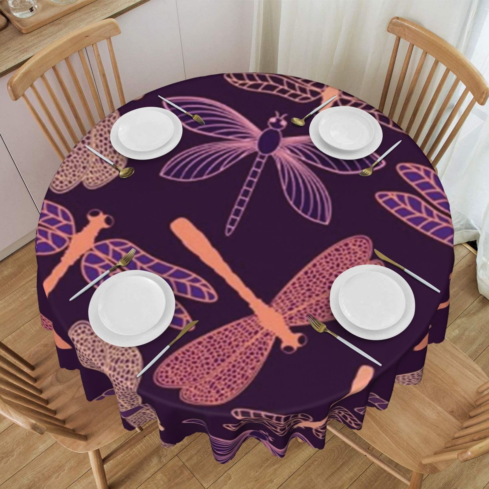 DCEHGEW 60 In Round Tablecloth with Lace, purple dragonfly Printed Oilproof & Washable Fabric Picnic Table Cloth Table Covers