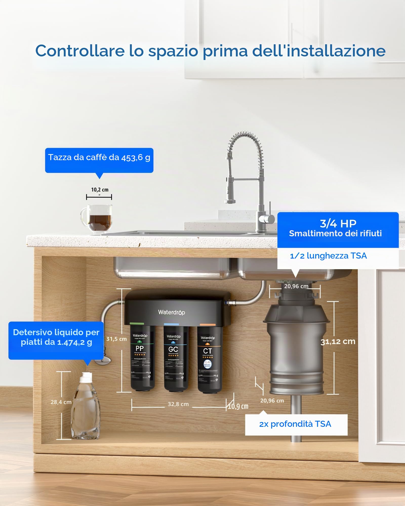 Waterdrop TSA Filtro Acqua Sistema, 3 Stadi Depuratore Acqua Domestico per Sotto Bancone, Sistema di Filtraggio dell'Acqua, Certificato da NSF/ANSI 42, Rimuove Fluoruro, Piombo, Cloro, Cattivo