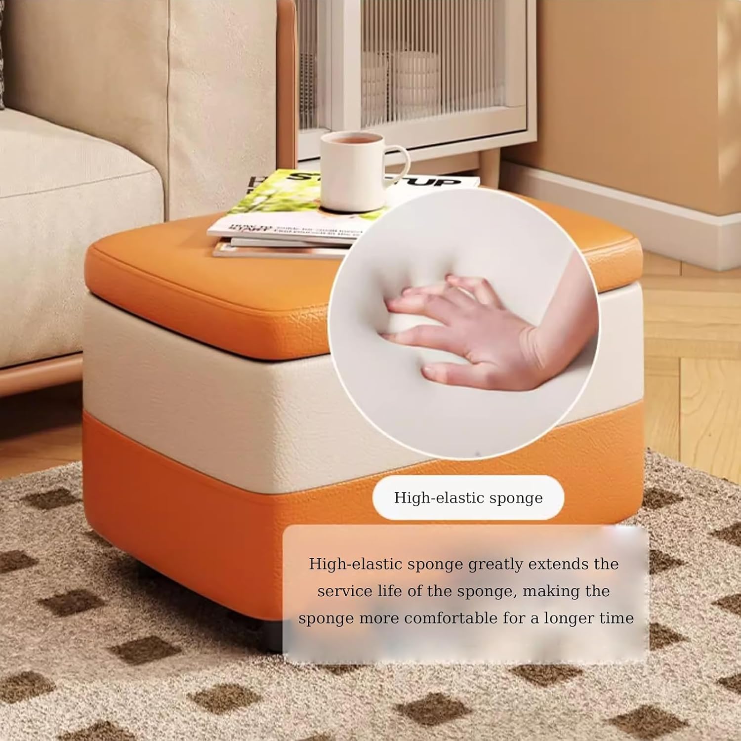 Modern Leather Storage Ottoman, Upholstered Synthetic Faux Leather Footstool, Storage Bench Vanity Stool for Living Room, Bedroom, Entryway, Couch, Under Desk, Gray White