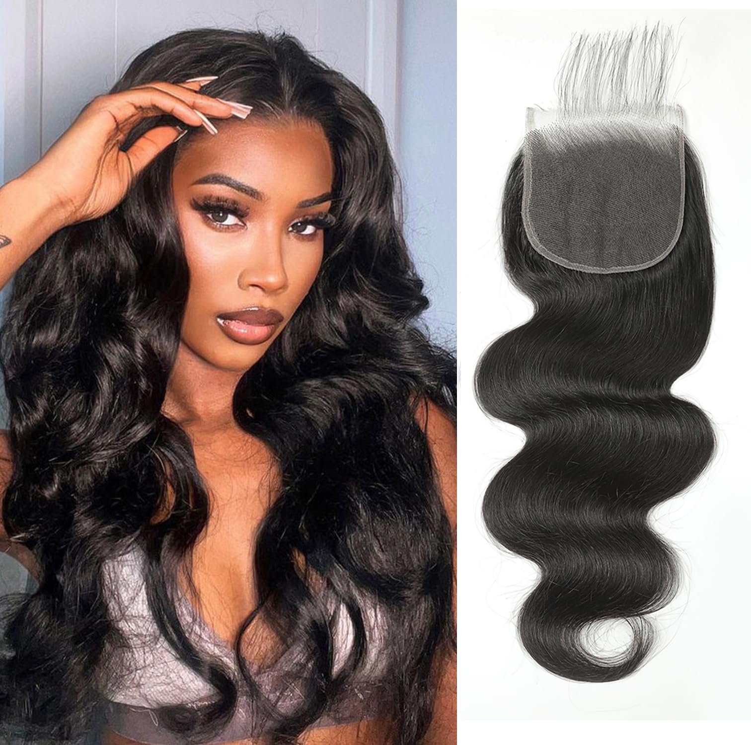 5x5 HD Lace Closure Human Hair Body Wave No Bleached Knots Invisible Pre Plucked Brazilian Virgin Human Hair Frontal Natural Black 20 Inch