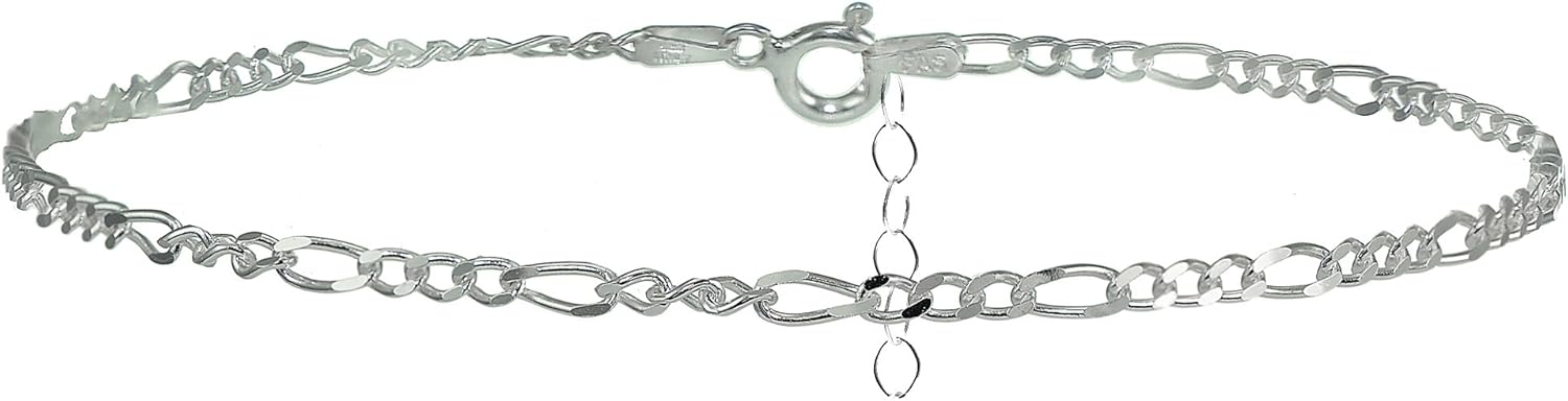 Hoops & Loops 925 Sterling Silver Figaro Chain Classic Adjustable Ankle Bracelet for Women Men, Silver, Yellow Gold, Rose Gold