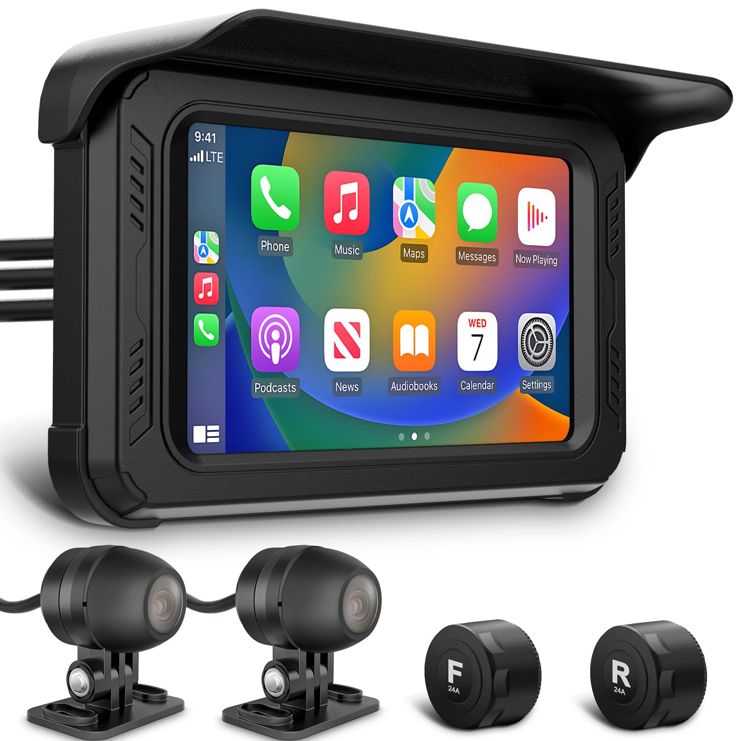 IXROADWireless CarPlay Android Car Display, Dashcam Motorcycle with 1080P Camera Front and Rear, Navigation Devices, Tyre Pressure Monitoring System, GPS Logger, Touchscreen