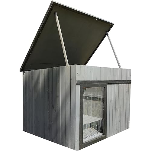 Rugged Ranch XL Wooden Dog House for Large Dogs, 43.5" x 35.5" x 33", Gray - Solid Fir Outdoor Shelter with Hinged Roof, Removable Floor & Strip Curtain Door, 21" H x 14.5" W Opening
