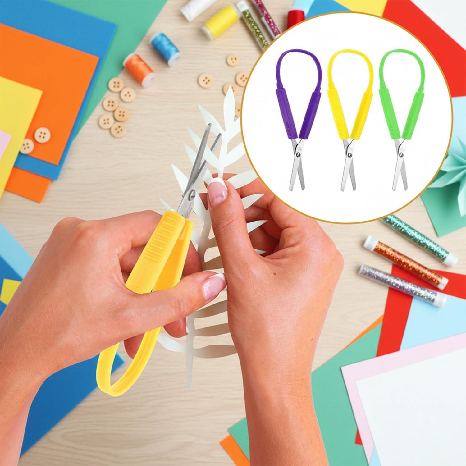 3 Pack Adaptive Loop Scissors, Colorful Handle, Self-Opening Safety Scissors for Kids, Special Needs, DIY Crafts, 5.5 Inch