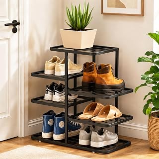 JSWHYBD Black Shoe Rack Tower, Narrow Metal Organizer for Small Spaces | Freestanding Multilayer Shoe Storage for Entryway, Apartments, Closets and Hallways