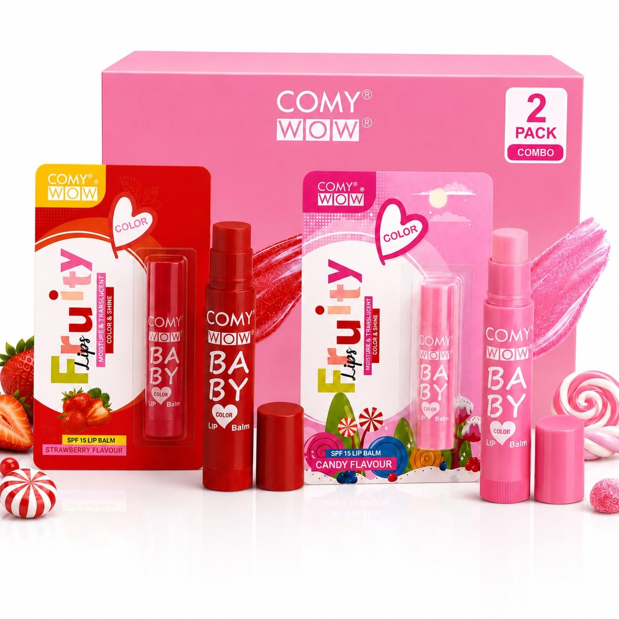 COMY WOW Fruity Lip Balm 2 Pack | Strawberry & Candy | SPF 15 | Moisturizing Formula with SPF 15-picture-56