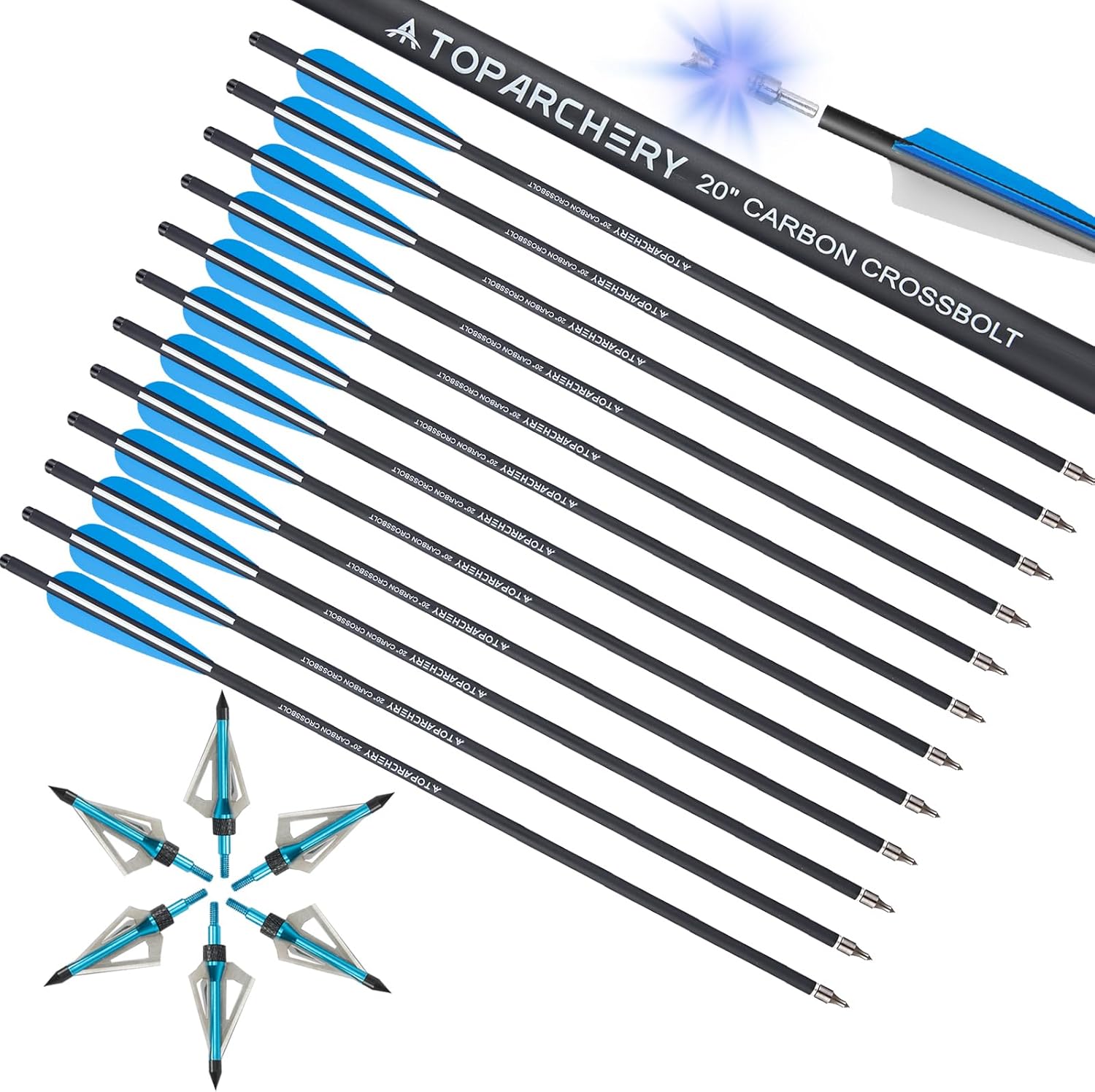 TOPARCHERY Crossbow Bolts 20 Inch 12 pcs with 6pcs Lighted Nocks and 6pcs Replaced Broadheads Set, Carbon Crossbow Arrows for Practice Outdoor Hunting